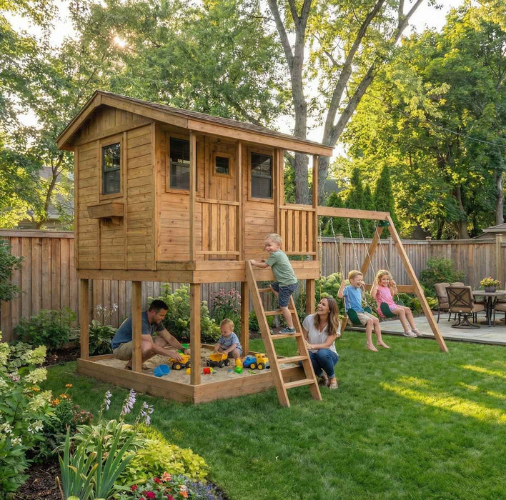 Family with children playing at the playhouse sandbox, with an attached swing set in the backyard