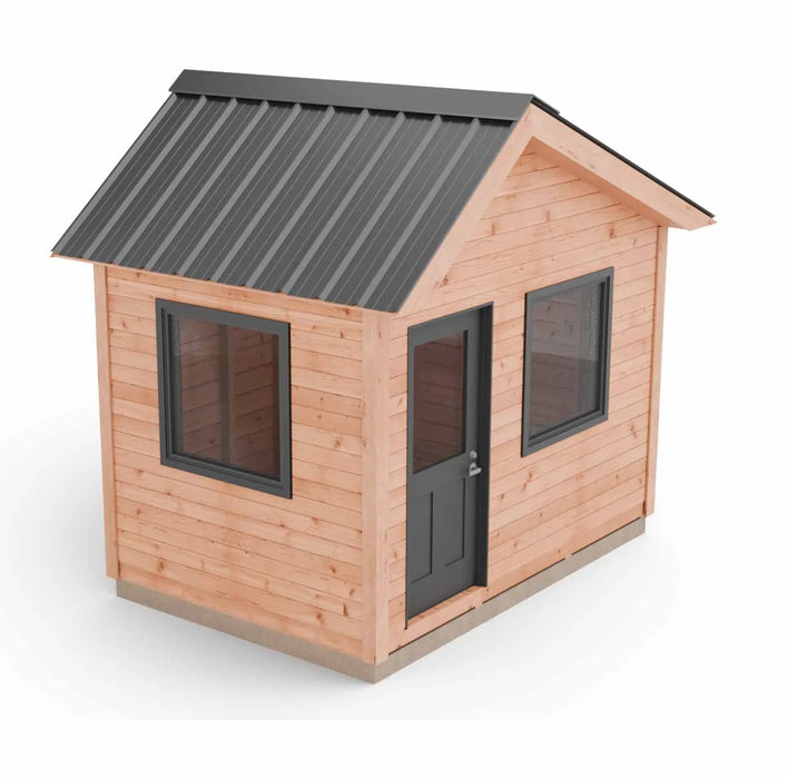 Angled exterior view of Outdoor Living Today Saltbox Studio Shed 12x8 with metal roof