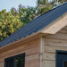 Close-up of black metal roof detail on Outdoor Living Today Saltbox Studio cedar shed