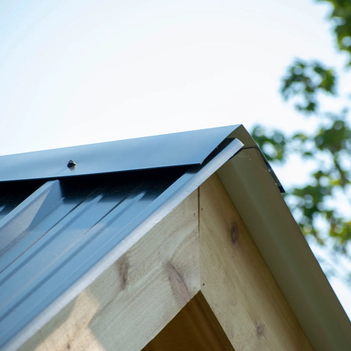 Metal roof corner detail on Outdoor Living Today Saltbox Studio Shed with cedar trim