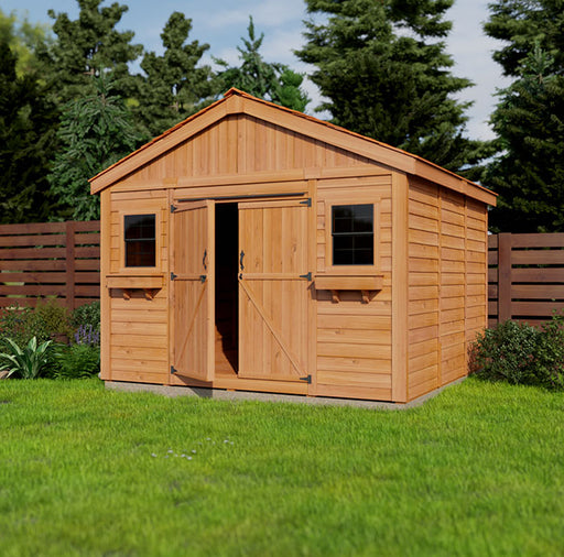  Outdoor Living Today Space Master 12x12 shed with double doors in a lush backyard setting