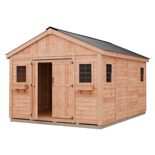 Outdoor Living Today Space Master 12x16 Shed with metal roof, double doors, and side windows