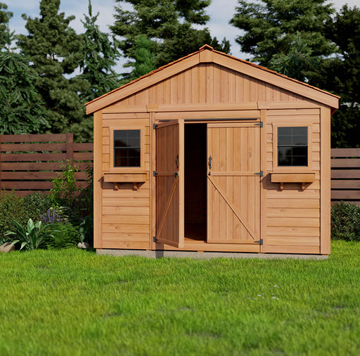  Wooden storage shed with double doors on a grassy lawn. Space Master Storage Shed by Outdoor Living Today