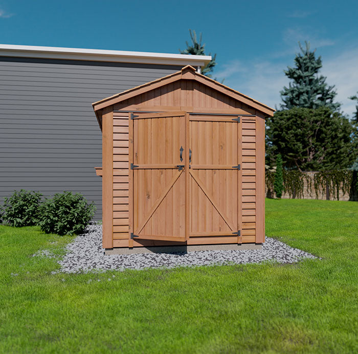 Front view of an 8x12 Space Master storage shed by Outdoor Living Today