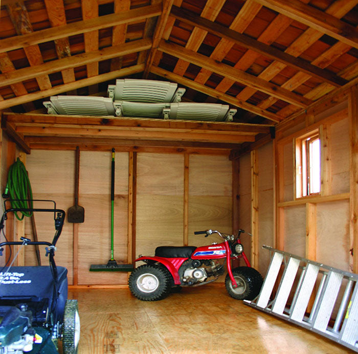 The interior of the Outdoor Living Today Space Master Storage Shed 8x12