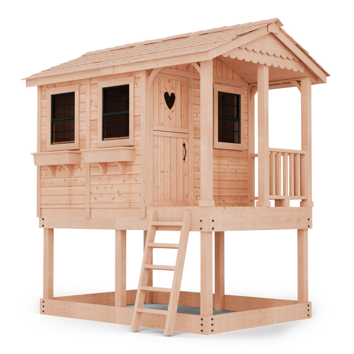 Outdoor Living Today Sunflower Playhouse 6x9 cedar elevated playhouse with porch, ladder, and window boxes for backyard play
