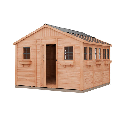 12x12 Outdoor Living Today Sunshed Garden Shed made of Western Red Cedar with metal roof, front door, and multiple windows for natural light