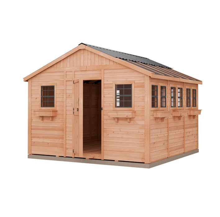 12x12 Outdoor Living Today Sunshed Garden Shed made of Western Red Cedar with metal roof, front door, and multiple windows for natural light