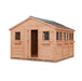 12x12 Outdoor Living Today Sunshed Garden Shed made of Western Red Cedar with metal roof, front door, and multiple windows for natural light