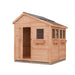 8x8 Outdoor Living Today Sunshed Garden Shed built from Western Red Cedar featuring metal roof, front door, and multiple windows for natural lighting