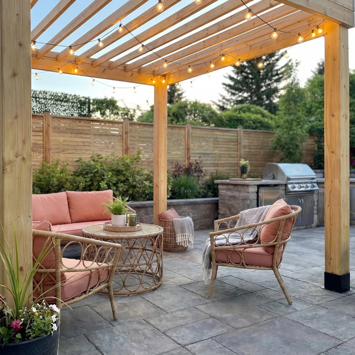 Outdoor Living Today Urban Escape 10x10 pergola with cedar posts, string lights, and patio seating area