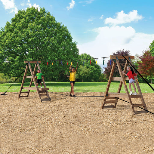 Kids enjoying the Playstar Ninja Power Platform Silver outdoor playset with balance and climbing ropes