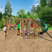 Backyard view of Ninja Power Tower Gold playset designed for active outdoor fun with swings, slides, and climbing features.