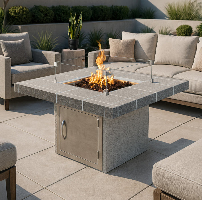 Cal Flame Mesa 38-inch fire pit operating with flames in a modern patio seating area.