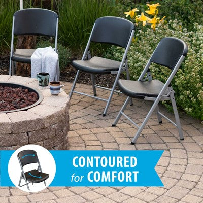 Two Lifetime folding chairs on a patio with contoured seat and backrest, designed for comfort, outdoor gatherings, and event seating