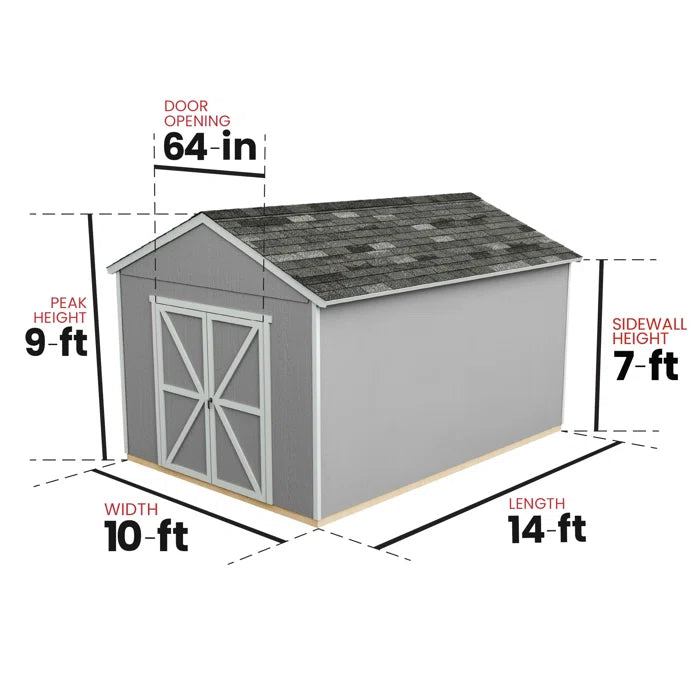 garden handy home rookwood shed 10x14 and 9x7 vertical height dimension chart in white background