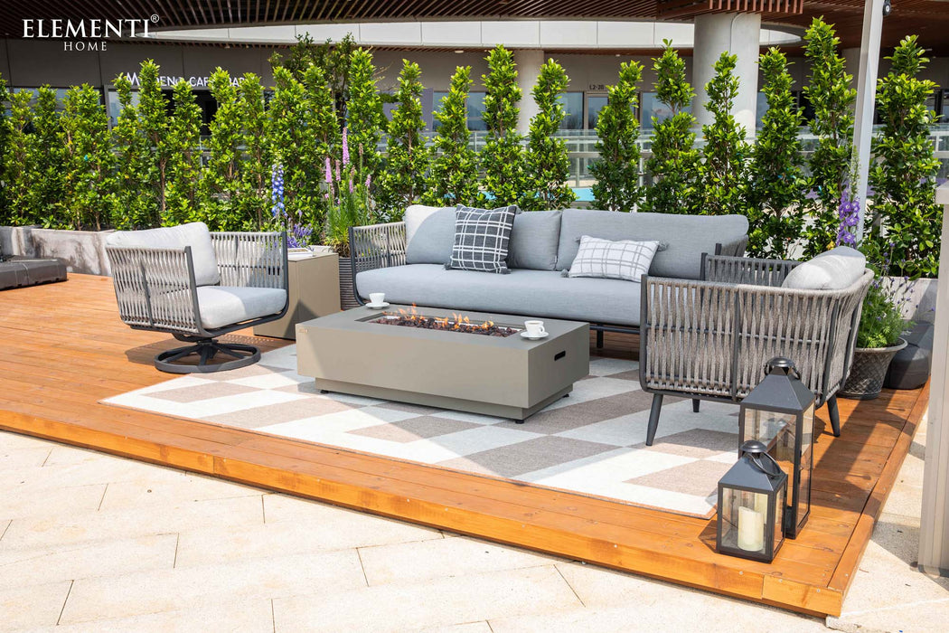 Full outdoor set of Elementi Milano Collection with fire pit.