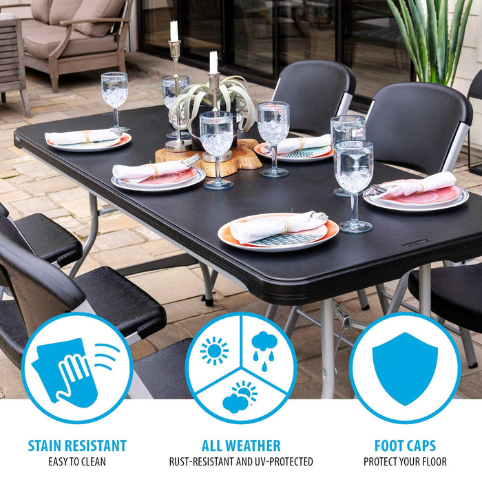 Outdoor dining setup using Lifetime 4 Pack 6-Foot Rectangle Nesting Table 480350 with stain-resistant surface and foot caps