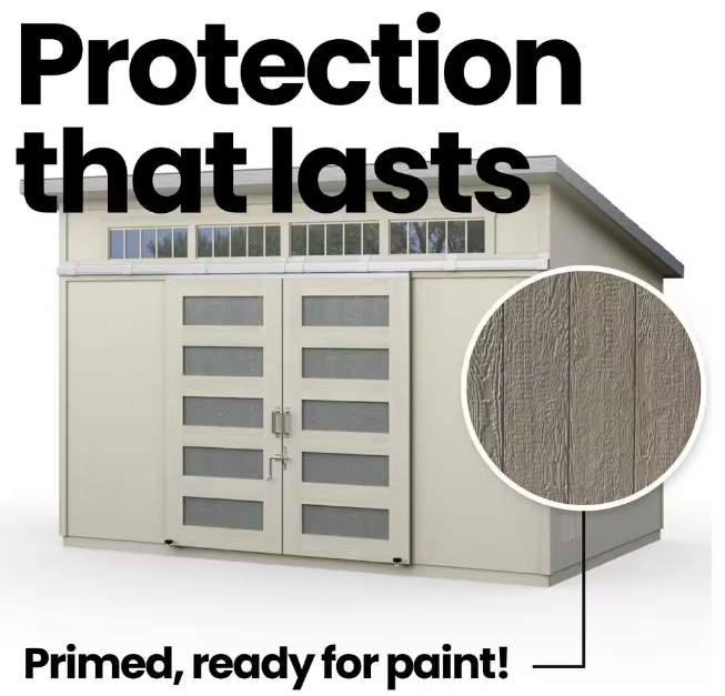 Handy Home Palisade shed with pre-primed exterior for lasting protection and easy customization.
