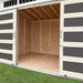 Handy Home Palisade shed with barn-style doors open to reveal a spacious interior with wooden floor.