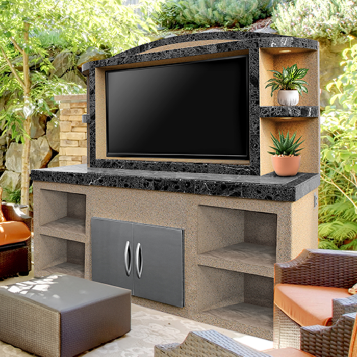 Stone outdoor TV entertainment center with built-in shelves and storage, featuring the Cal Flame ODC-2 Crystal design.