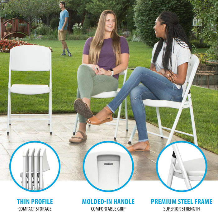 Lifetime 4 Pack White Classic Folding Chair used outdoors featuring thin profile and steel frame support