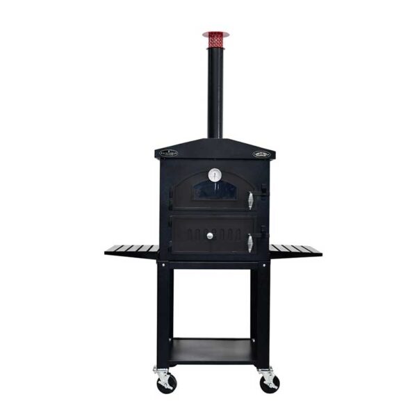 Sunterra Outdoor Wood Fired Oven with standard cart, designed for seamless cooking and portability.