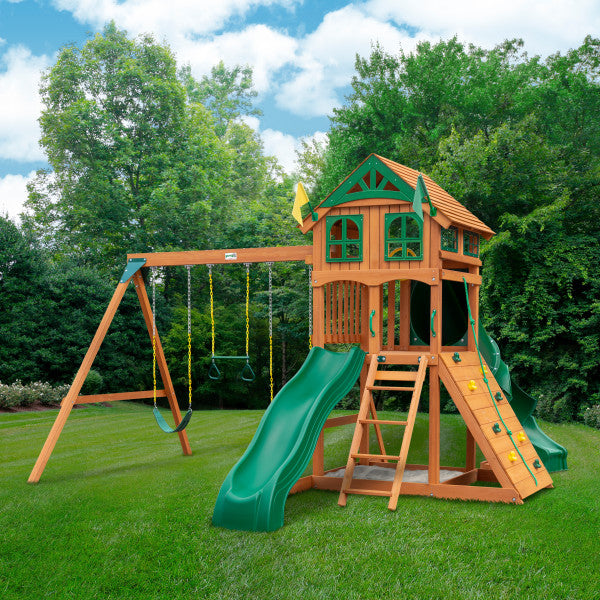 Full view of the Outing With Tube Slide Swing Set with Wood Roof