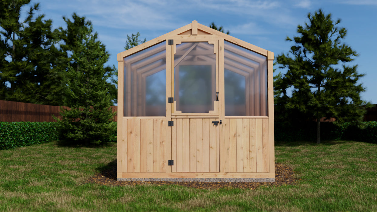 8x8 cedar greenhouse from outdoor living today with dutch door rendered image