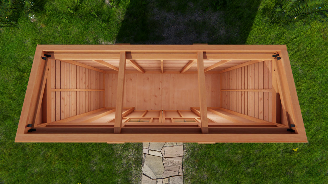 A top-down view of an empty 12x4 Outdoor Living Today GardenSaver with open doors and windows, showcasing the spacious interior, wooden floor, and sturdy construction.