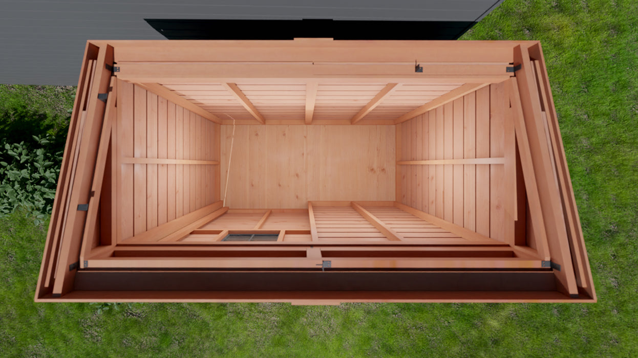 A top-down view of an empty 8x4 Outdoor Living Today GardenSaver with open doors and windows, showcasing the spacious interior, wooden floor, and sturdy construction.