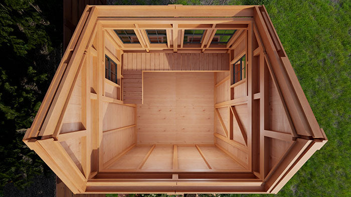Top-down view of the Outdoor Living Today Sunshed 8x8 Garden Shed showing the spacious interior and roofing details