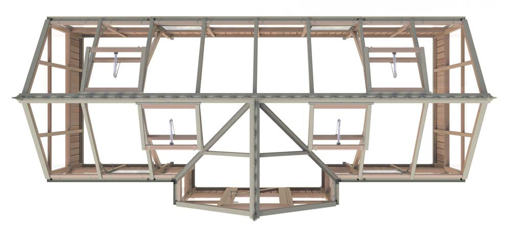 Top-down view of the Alton cedar structure 7x16 Durham greenhouse, highlighting the spacious interior and layout of planting shelves.