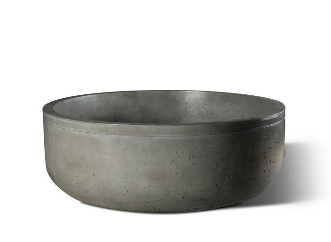 60 in. Slick Rock Bell Round commercial concrete planter in gray, angled view