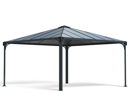 Isolated Palermo 14x14 garden gazebo cutout showing grey aluminum frame, reinforced corner brackets, and UV protected polycarbonate roof panels.