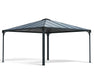 Isolated Palermo 14x14 garden gazebo cutout showing grey aluminum frame, reinforced corner brackets, and UV protected polycarbonate roof panels.