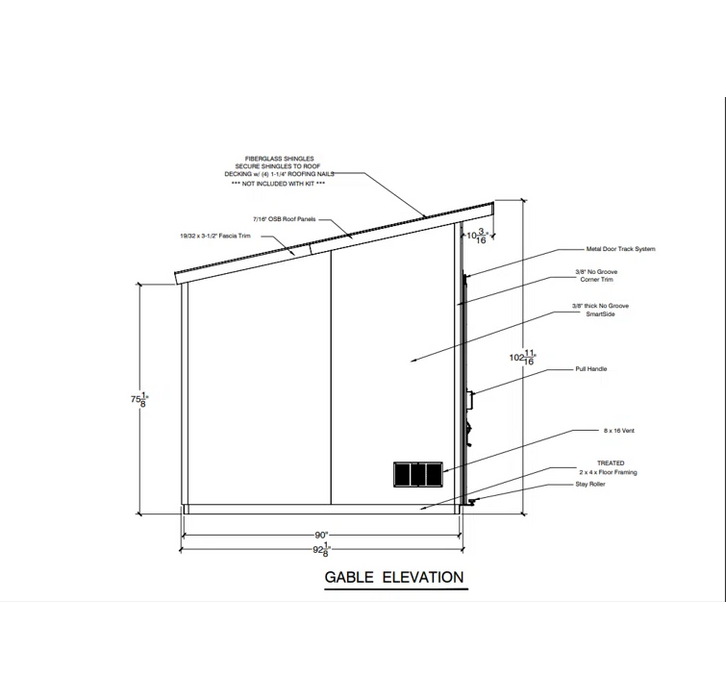 Handy Home Palisade shed architectural drawing showing gable elevation with dimensions and material specifications.