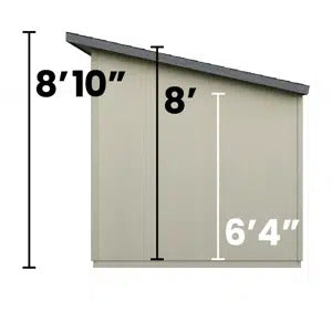 Handy Home Palisade shed side view: 8' wide, 6'4" wall height, 8'10" peak height.