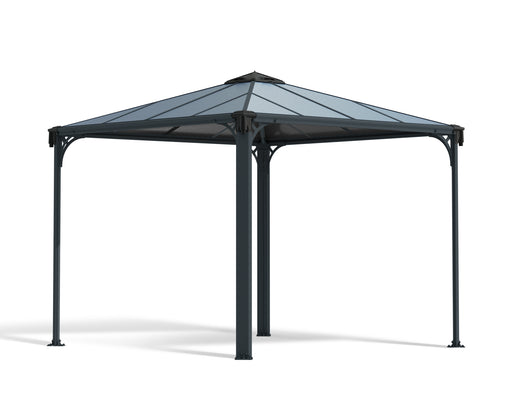 Palram Canopia Palermo 10x10 grey gazebo with sturdy aluminum frame and hardtop roof canopy designed for backyard patios and outdoor living spaces.