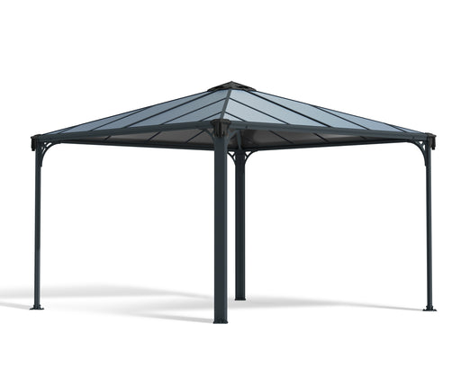 Palram Canopia Palermo 12x12 garden gazebo with gray aluminum frame and polycarbonate roof isolated on white background.