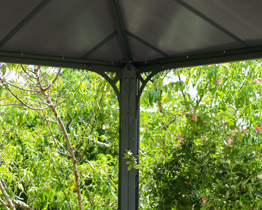 Corner support and aluminum frame structure of Palram Canopia Palermo garden gazebo showing durable rust resistant construction.