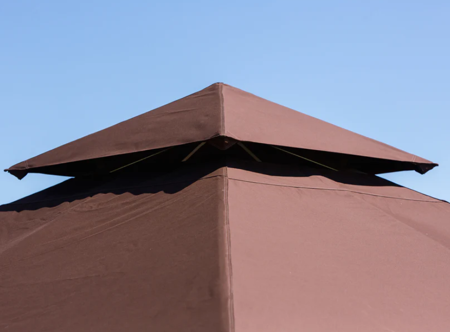 Looking up at the cocoa canopy of the Paragon Outdoor Barcelona Gazebo, capturing the sleek design of the vented top