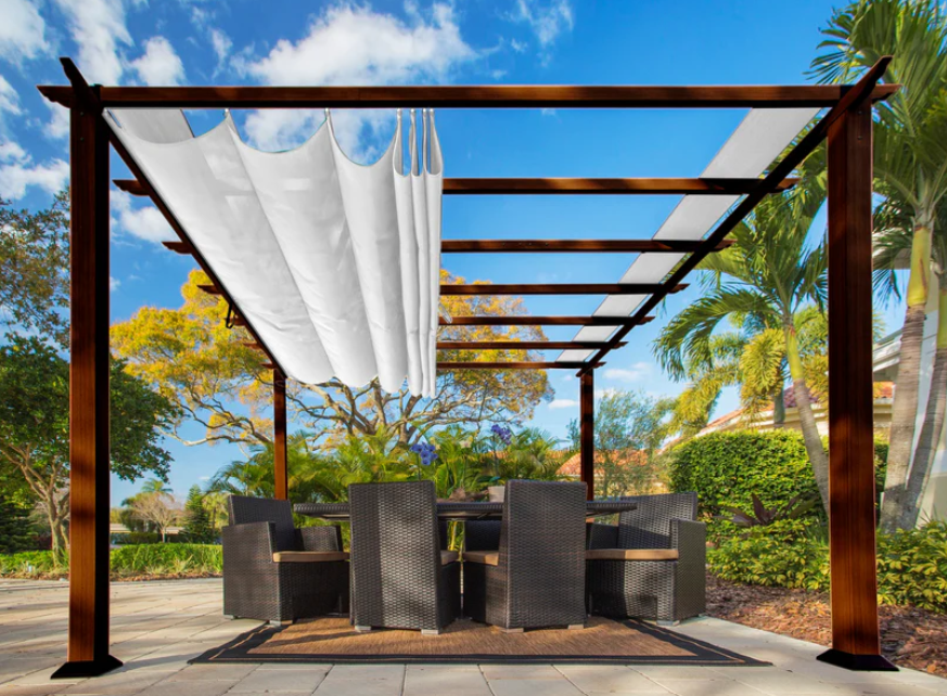  Florence aluminum pergola 11x11 featuring chilean ipe framing and an elegant off-white canopy, enhancing the tranquility of an outdoor retreat.