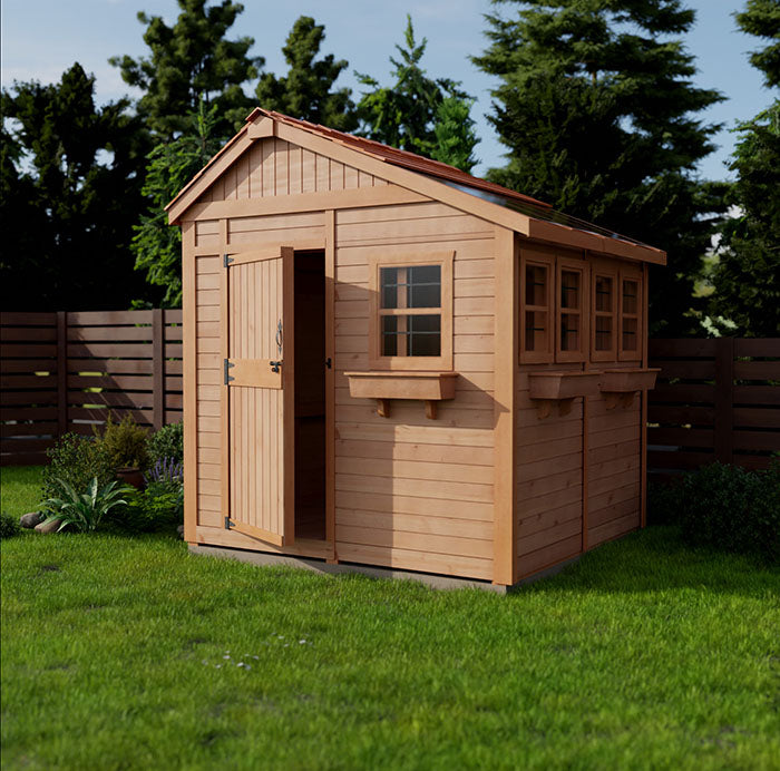 Classic 8x8 wooden Sunshed Garden Shed featuring sturdy construction and symmetric window design by Outdoor Living Today.