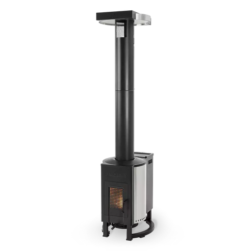 Solo Stove Tower outdoor heater on patio with sleek vertical design and mesh viewing window on white background.