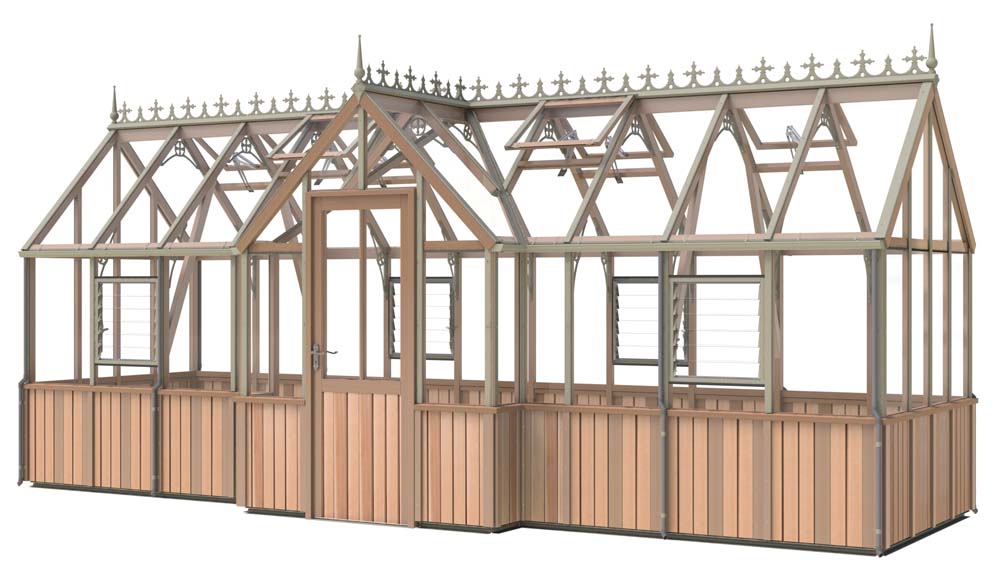 Perspective view of the Alton Cedar Structure 7x20 Durham Greenhouse, showcasing its elongated design and elegant detailing.