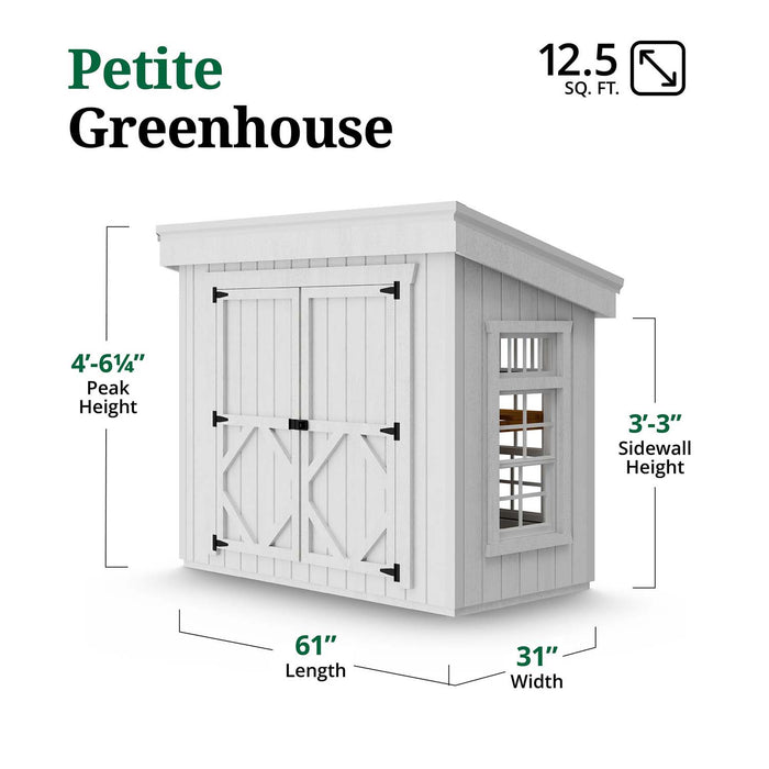 Dimensions diagram of Petite Greenhouse by Little Cottage Co., showing peak height, sidewall height, length, width, and total square footage