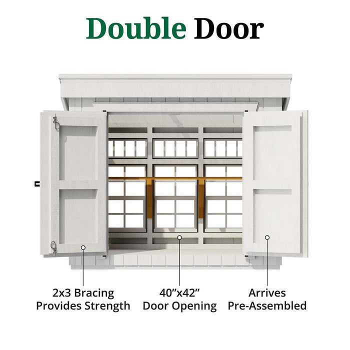 Double door design of Petite Greenhouse by Little Cottage Co., featuring 2x3 bracing for strength, 40x42 inch opening, and pre-assembled structure