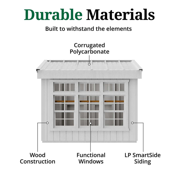 Materials diagram of Petite Greenhouse by Little Cottage Co., highlighting wood construction, LP SmartSide siding, corrugated polycarbonate roof, and windows