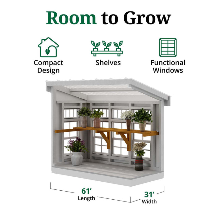 Interior of Petite Greenhouse by Little Cottage Co., showcasing wood shelves, functional windows, and compact design for growing plants